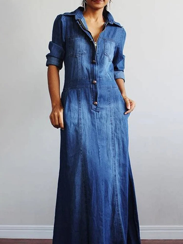 Denim Lapel Collar Long Sleeve Button Zipper Pocket Maxi Dress