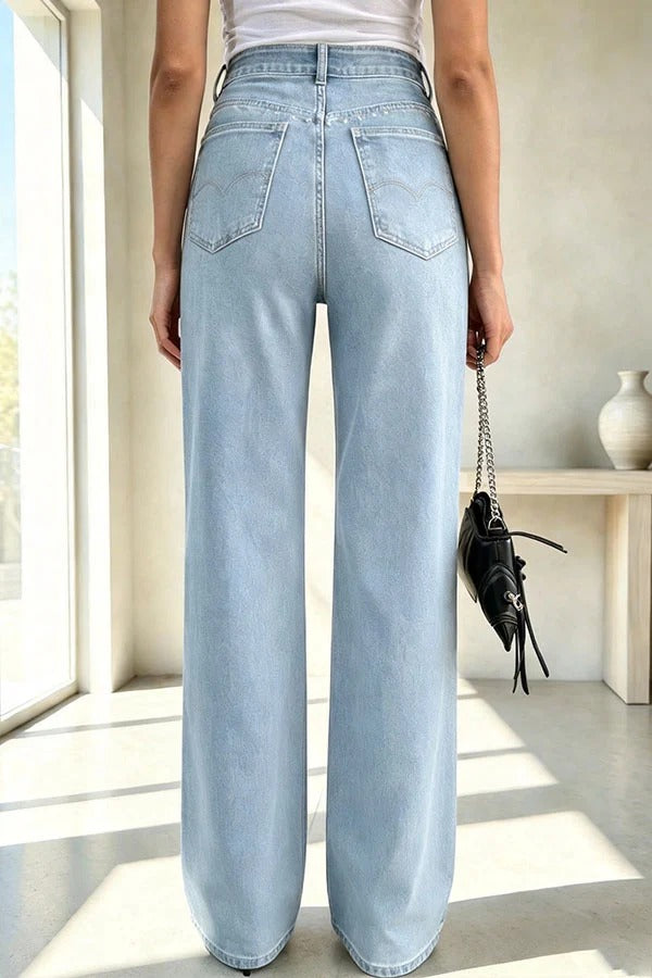 Janae Denim Pearl Beaded Detail Mid Waist Pocket Wide Leg Jeans