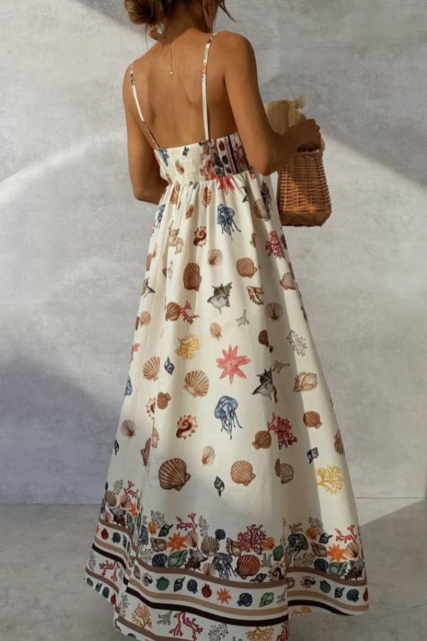 Ocean Shell Print Square Neck Smocked Back Swing Maxi Vacation Dress