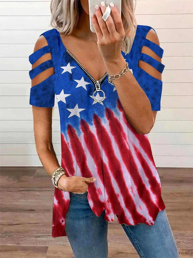 Women's Vintage American Flag Print Zipper Off Shoulder Casual T-Shirt