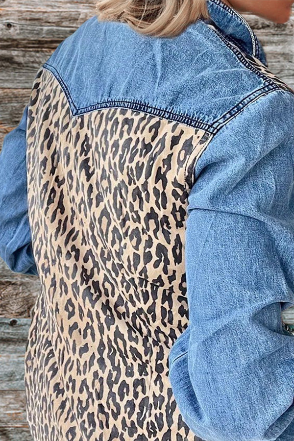 Leopard-print Panel Denim Top