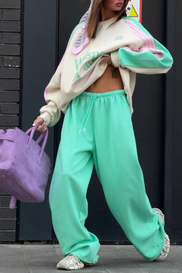 Color Block Letter Print Oversized Sweatshirt & Wide Leg Pants 2 Piece Set