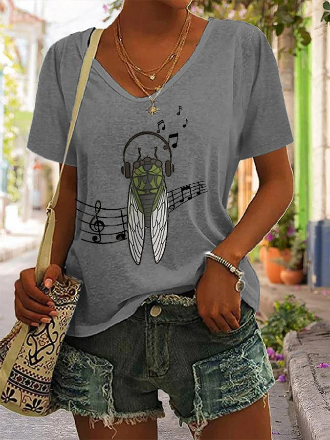 Women's The Great Cicada Comeback Tour 2024 Year Of The Cicada Print V-Neck T-Shirt