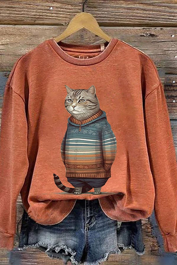 Women's Winter Cat Print Crew Neck Sweatshirt