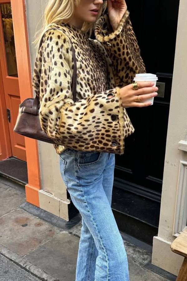 Vintage Leopard Cropped Fleece Jacket
