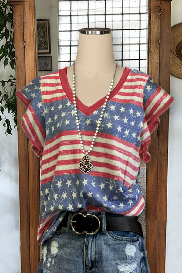 Star Mixed Stripe Print V-neck Casual T-shirt