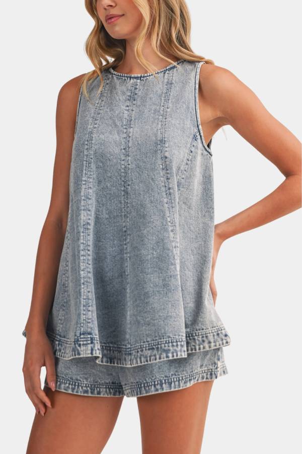 Vintage Wash Sleeveless A-Line Denim Top & Shorts Set