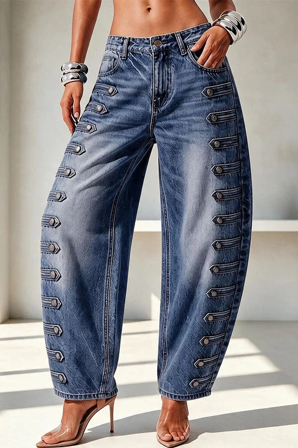 Napoleon-style Denim Metal Buttons Detail High Rise Pocket Loose Jeans