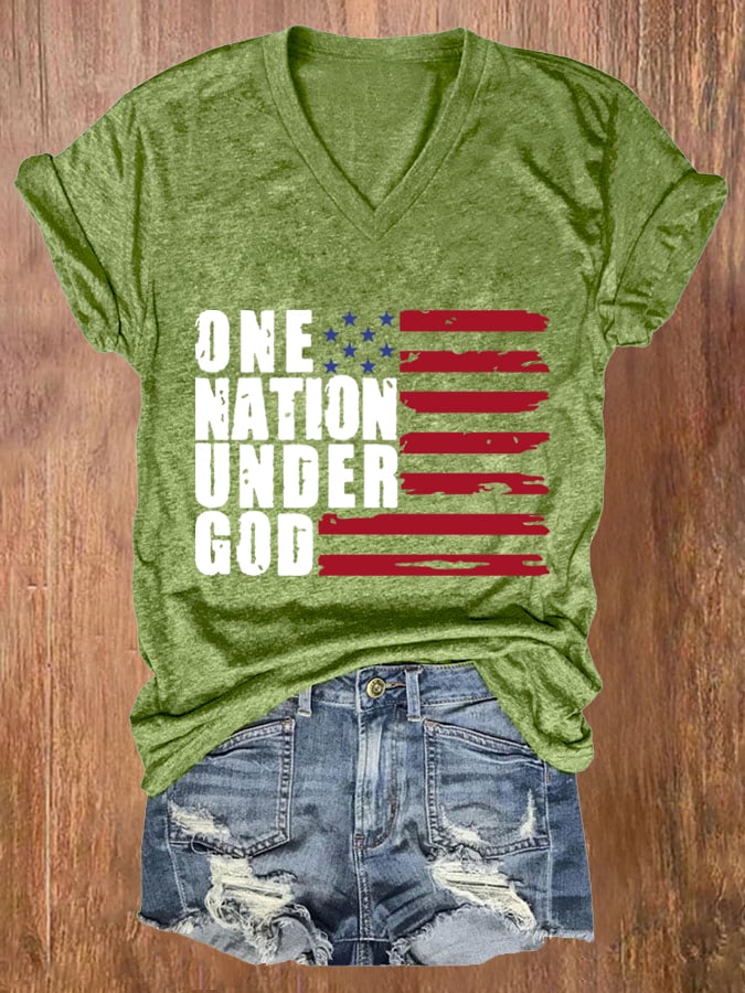 Women's One Nation Under God Print Casual V Neck T-shirt