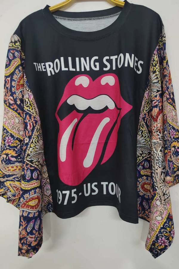 Rolling Stones Lip Patchwork-Sleeve Top