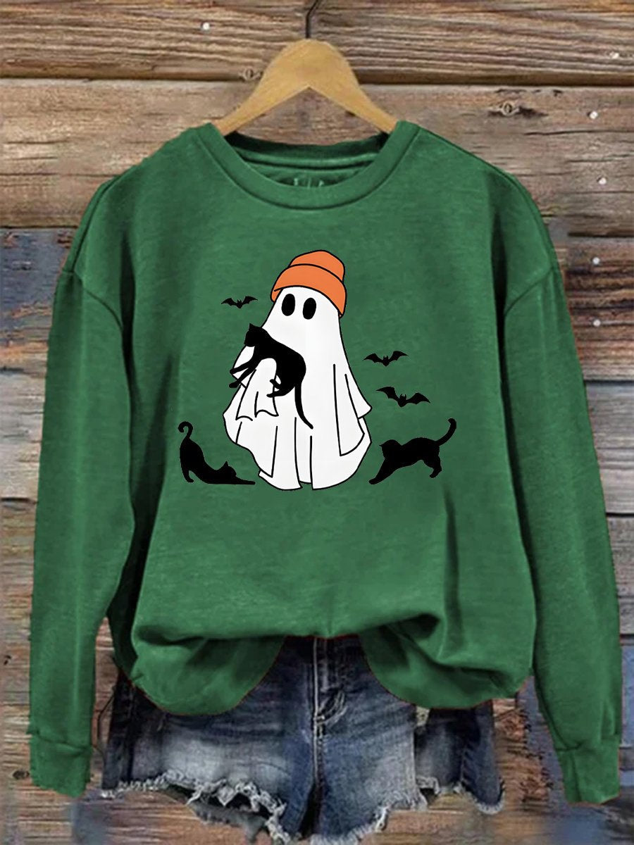 Sweat-shirt décontracté imprimé chat noir et fantôme d'Halloween
