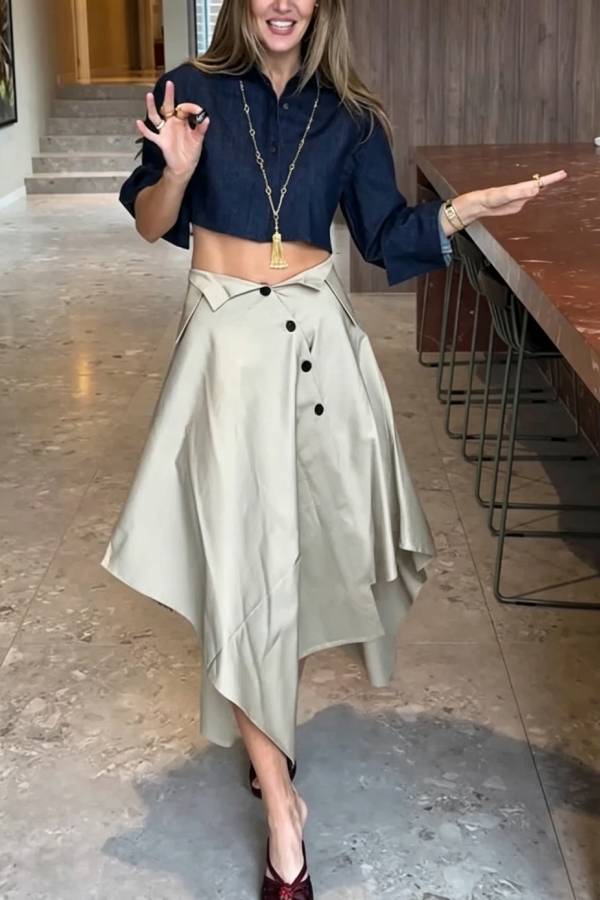 Deconstructivist Tailoring High Rise Asymmetrical Button and Unique Collar Waist A-line Midi Skirt