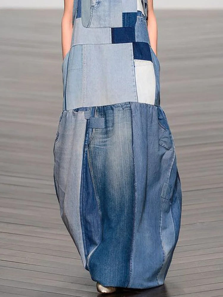 UR Casual Blue Spliced Denim Pinafore Maxi Dress