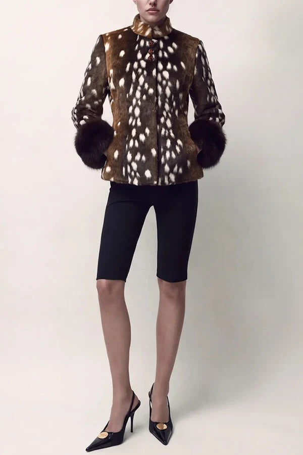 Retro Street Style Faux Fur Animal Print Stand Collar Button Furry Cuffs Jacket
