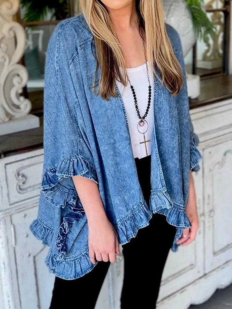 Casual Plain Ruffle Trim 3/4 Sleeve Loose Denim Cardigan