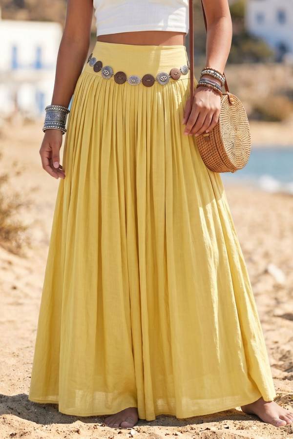 Bohemian Pleated Flowy Maxi Skirt