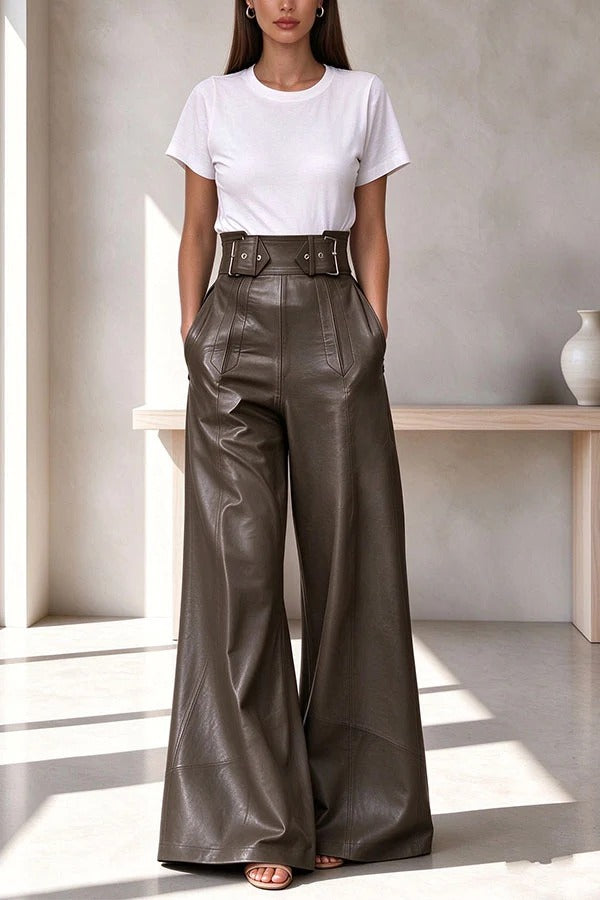 Stylish PU Leather Pleated Metal Belted Pocket Wide Leg Pants