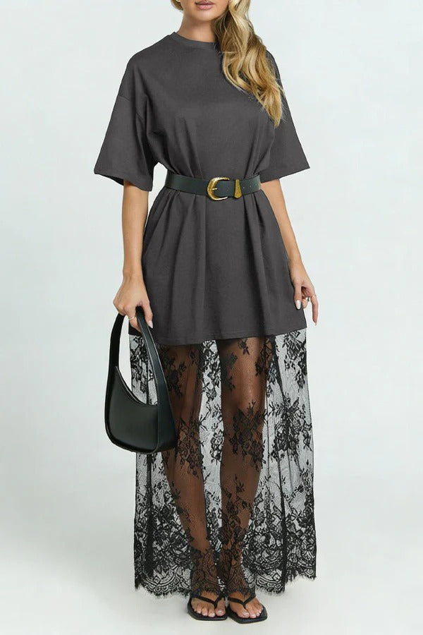 Stylish Loose-fitting Round Neck Short-sleeved Spliced lace Hem Maxi Dress