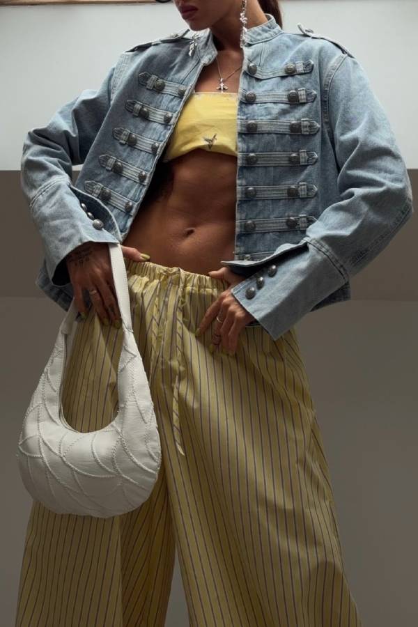 Vintage Military‑Style Button‑Up Cropped Denim Jacket