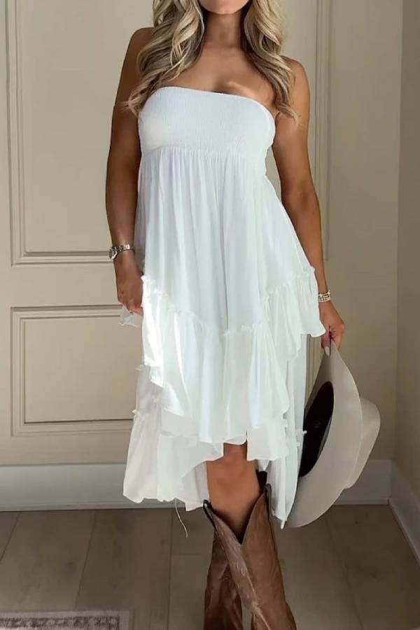 Strapless Ruffled Asymmetrical Midi Dress