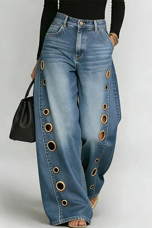 High-Street Edgy Eyelet Cut-Out Baggy Jeans