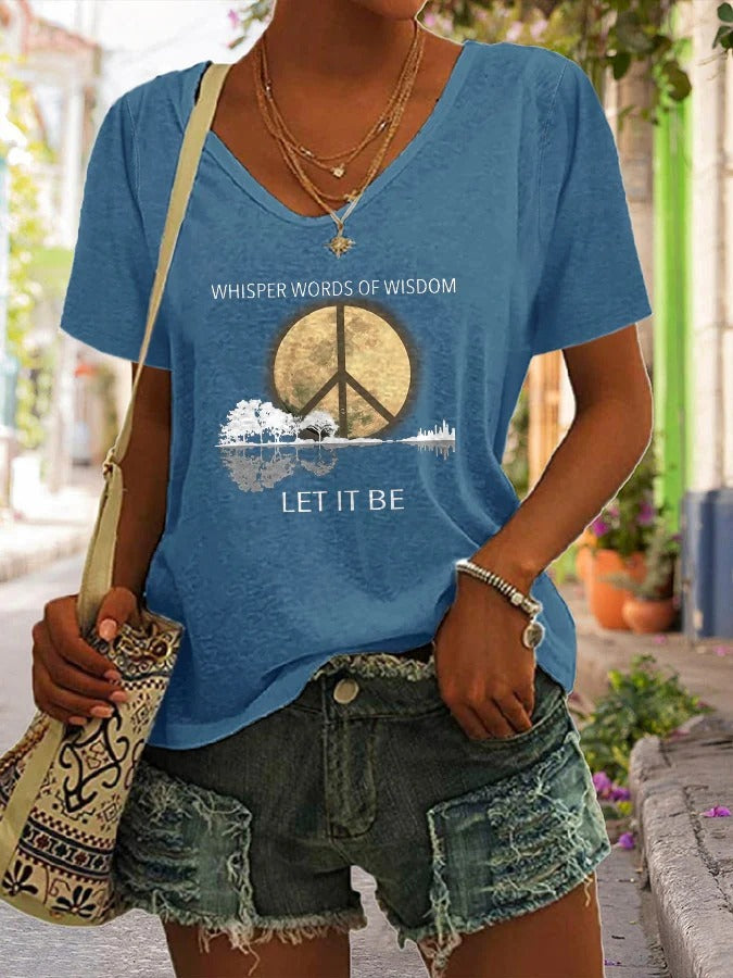 V-Neck Hippie Guitar Lake Whisper Words Of Wisdom Let It Be Print T-Shirt