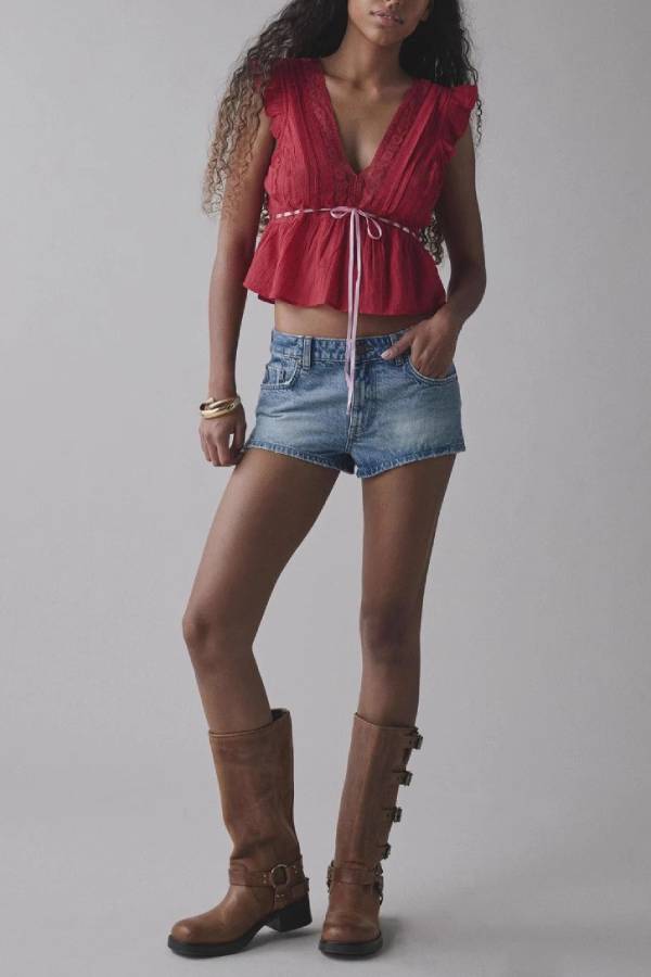 V-Neck Lace Ruffled Tie-Waist Crop Top