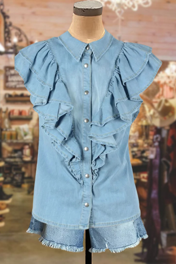 Elegant Layered Ruffle Denim Top