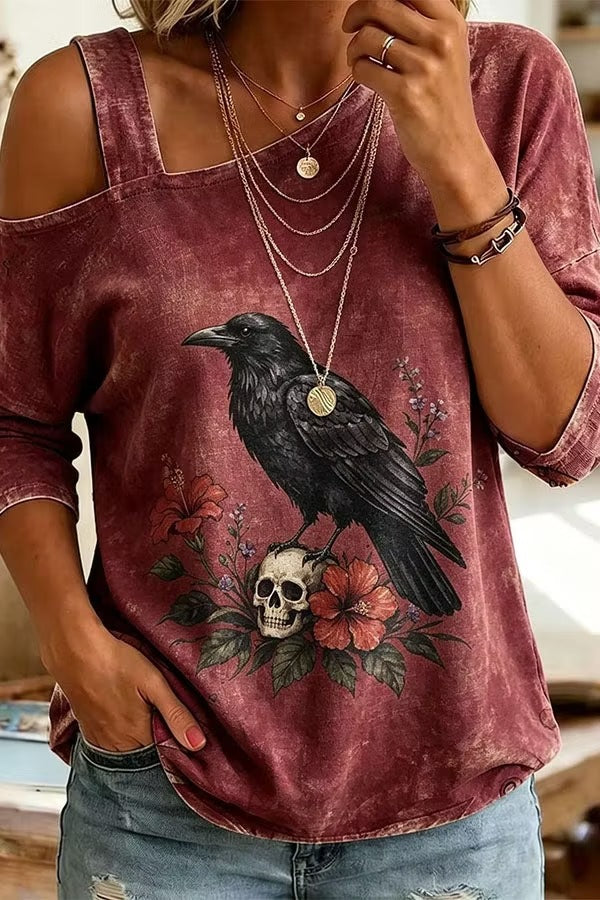 Cozy Fall Vibes Black Cat Print Off-Shoulder Halloween Top