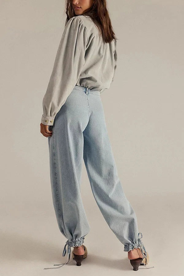 We The Free Denim Mid Rise Pocket Knotted Ankle Hem Lotus Balloon Jeans