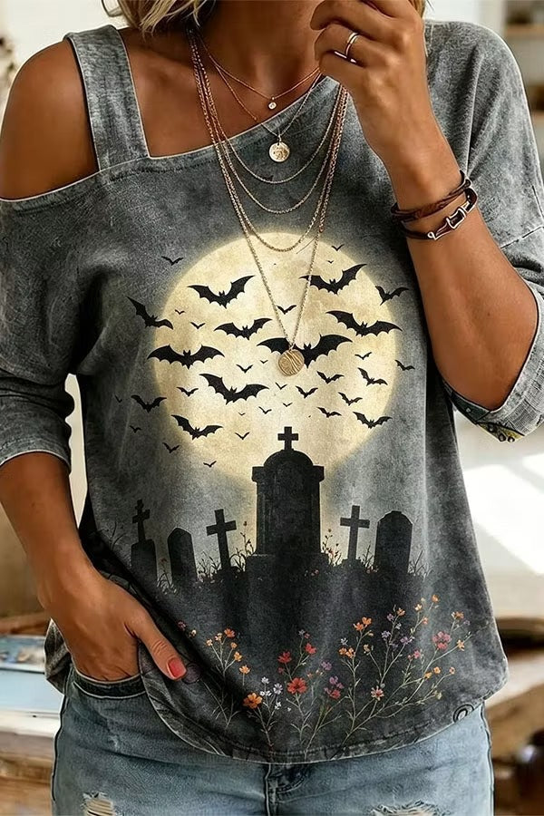 Cozy Fall Vibes Black Cat Print Off-Shoulder Halloween Top