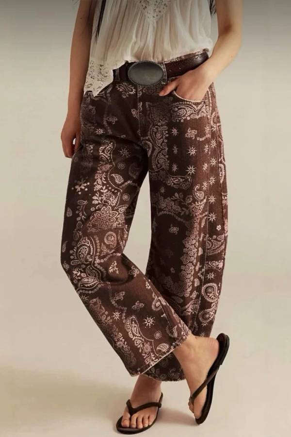 Vintage Paisley Print High Waist Straight Leg Jeans