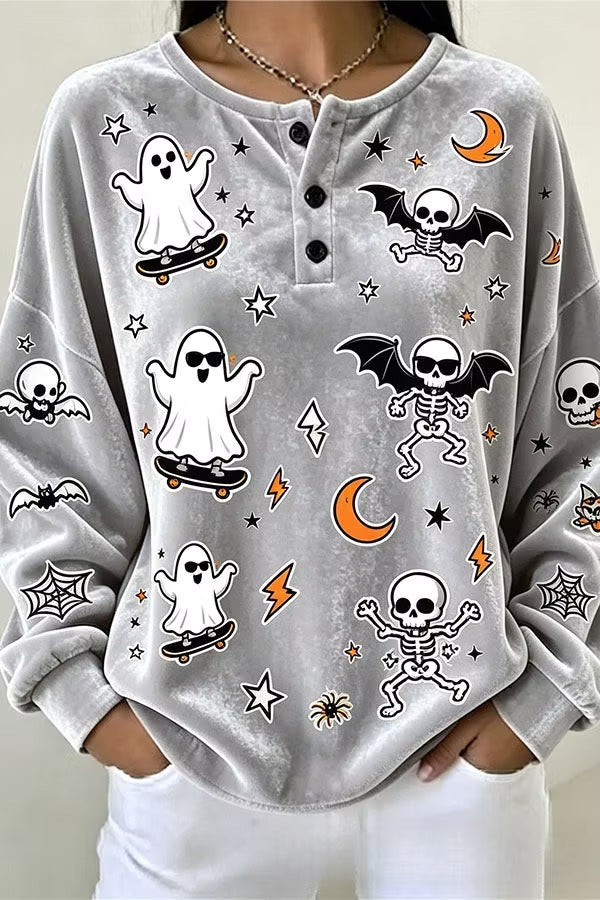 Spooky Season Velvet Long Sleeve Halloween Shirt with Buttons
