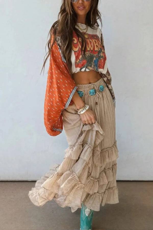 Western Cowboy Print Color‑Block Batwing Sleeve Crop Top