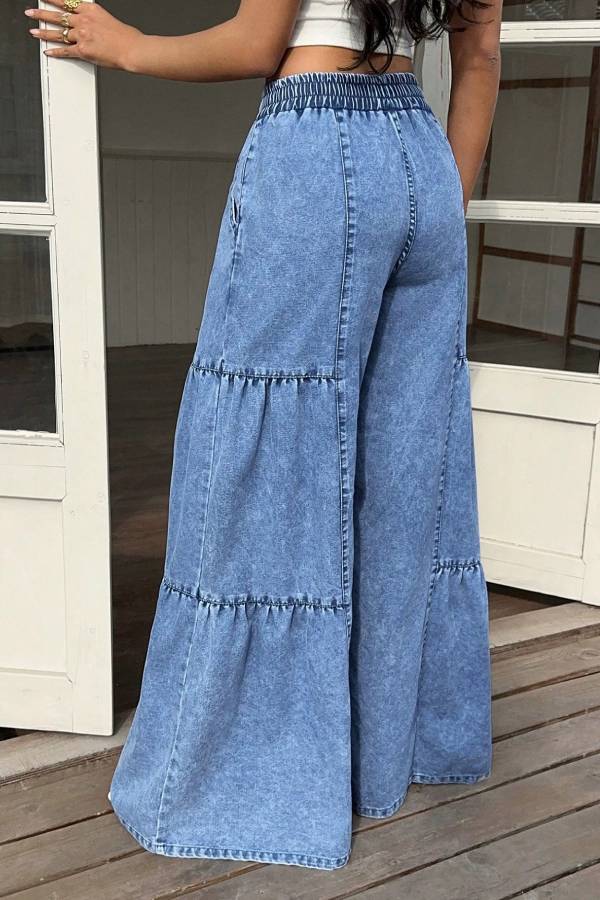 Elastic Waist Ruffle Patchwork Denim Wide Leg Pants