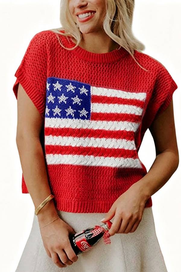 American Flag Hollow‑Out Knit Vest Top