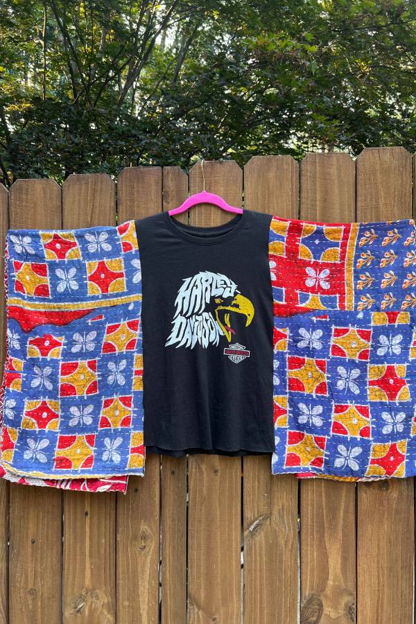 Harley Eagle Kantha Patchwork Batwing Sleeve Cropped T-Shirt