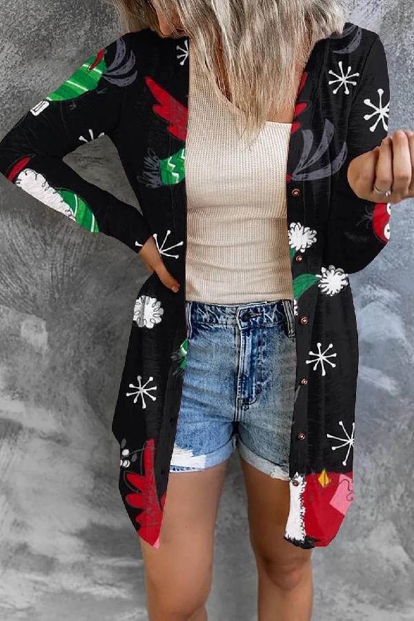 Women's Christmas Printing Fashion Button Long Sleeve Cardigan