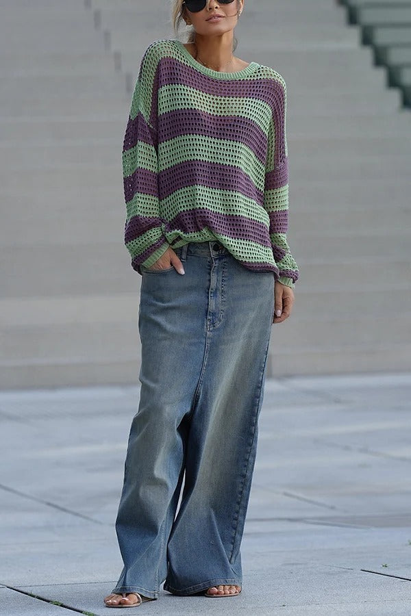Stylish Knit Color-blocked Stripes Cutout Wide Neck Long Sleeve Relaxed Sweater