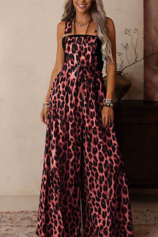 Colorful Leopard Print Adjustable Strap High Waist Wide Leg Jumpsuit