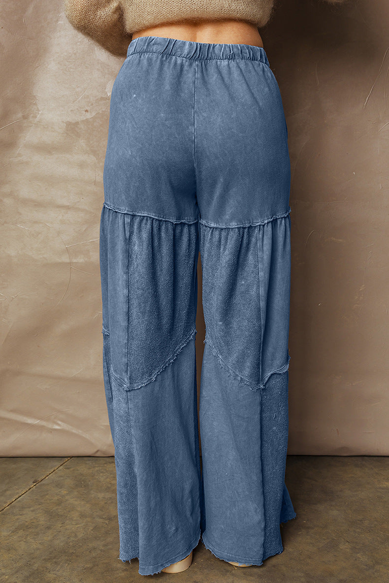 Washed Patchwork Drawstring Wide-Leg Pants