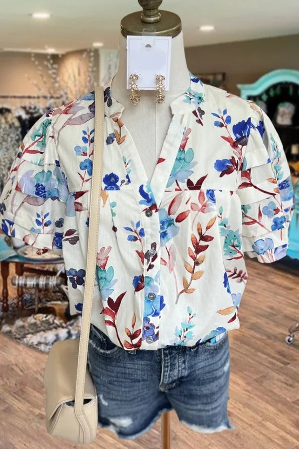 Floral Print Button Up Bubble Sleeve Top