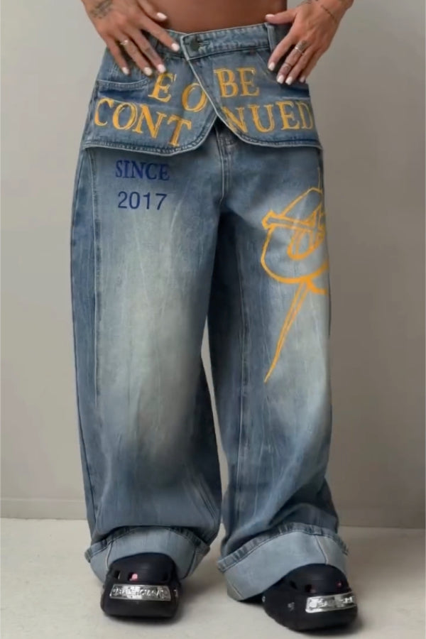 Trendy Letter‑Embroidered Fake Waistband Wide‑Leg Jeans