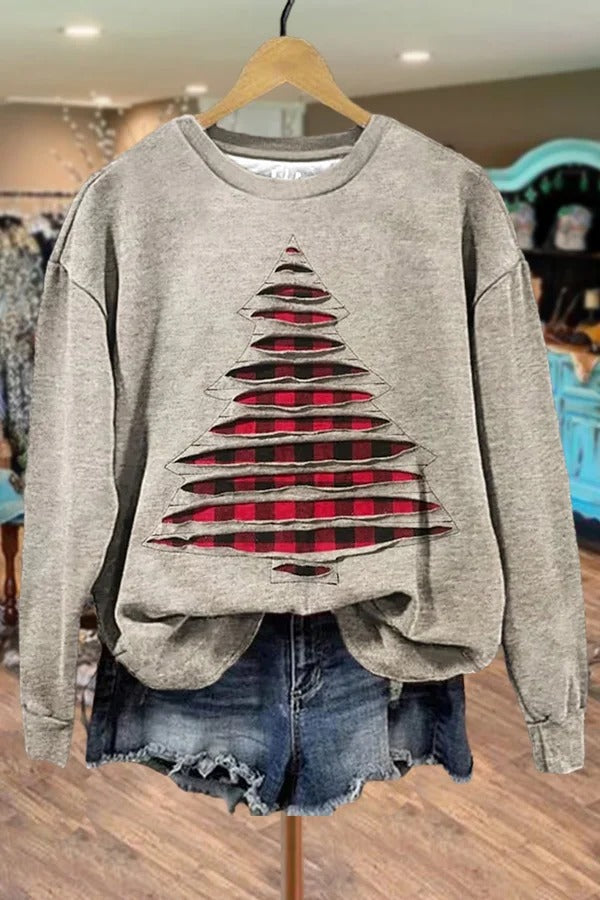 Plaid Christmas Tree Print Casual Sweatsihrt