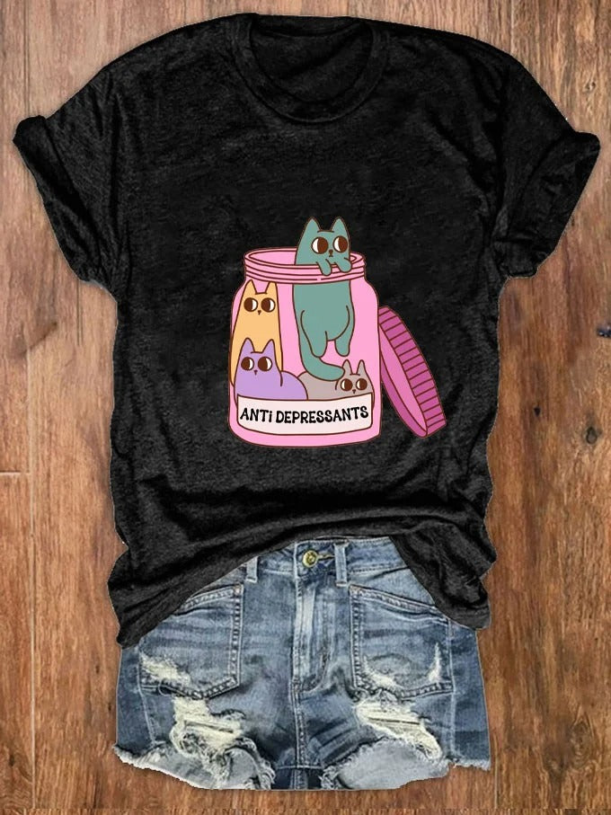 Women's Fun Cat Anti Depressants Mental Health Print T-Shirt