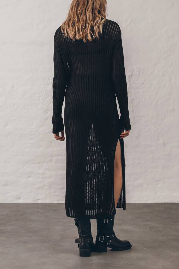 Change Season Sheer Knit Long Sleeve Ribbed Trim Slit Midi Dress