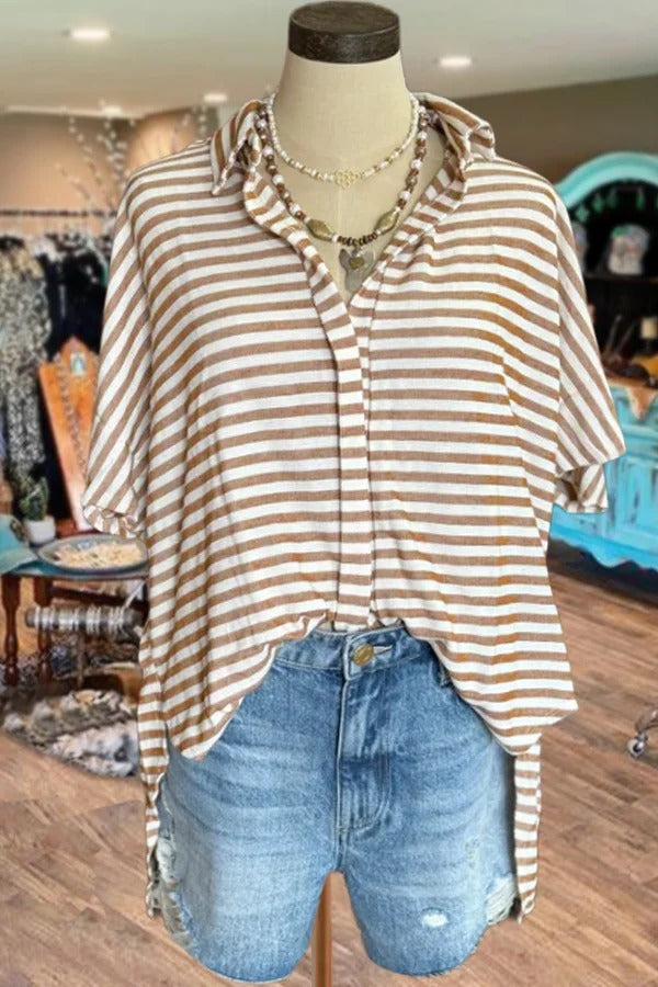 Casual Striped Button Down Loose Top