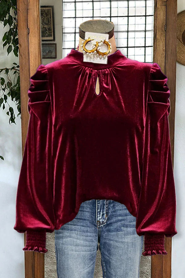 Elegant Puff Sleeve Drop Neck Velvet Top