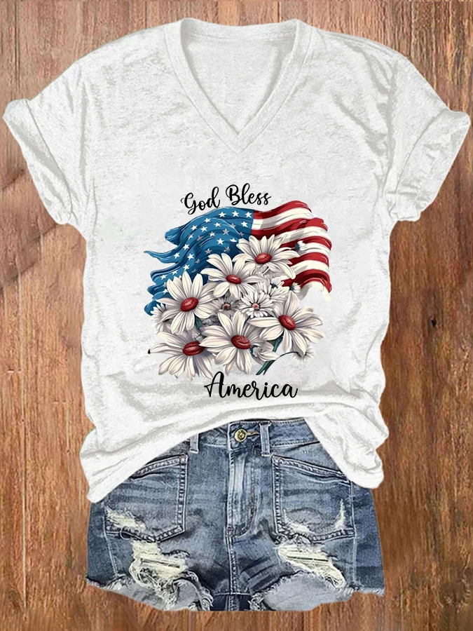 Women's American Flag Independence Day Print V-Neck T-Shirt