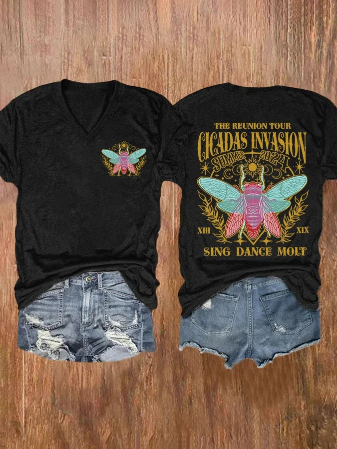 Women's The Cicadas Reunion Summer Tour Print V-Neck Casual T-Shirt